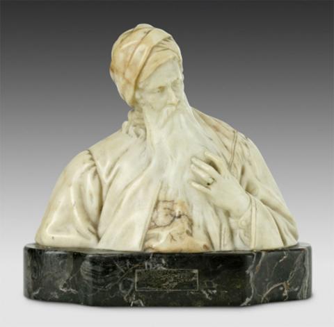 Bust of a man with a beard and a turban, faux marble on a metal pedestal