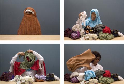 Four video stills of a woman removing veil after veil