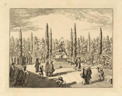 Zeichnung: Von allen Seiten bewegen sich verschieden alte und gekleidete Menschen auf einen großen Steinsarg zwischen vier Zypressen zu