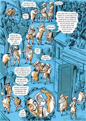 Page 39 of the graphic novel Moishe, on which a full page in various episodes expresses the characters' astonishment at Moishe's invitation to King Frederick II's palace