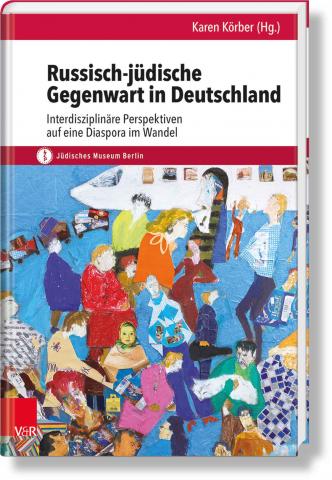 Book Cover of “Russisch-jüdische Gegenwart in Deutschland”: painted and drawn collage of a group of people next to an airplane 