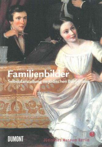Book Cover of “Familienbilder”: historical painting of a smiling young woman wearing a white dress.