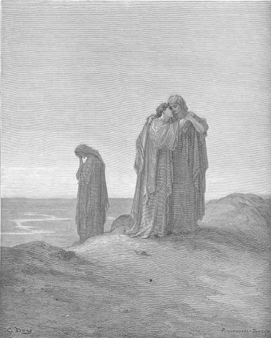 Zeichnung dreier Frauen in langen Gewändern, zwei aneinander geschmiegt auf dem Rücken eines Hügels, eine weitere Schwiegertochter Noomis etwas abseits, den Kopf in die Hände gelegt