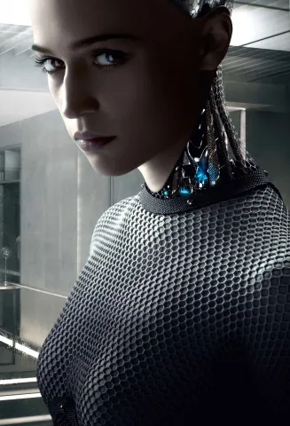 Film still from “Ex_machina”: a female android whose neck consists of wire and metal cloth.
