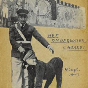 Collage, a soldier stands, another man with the head of Adolf Hitler on all fours in front of him.