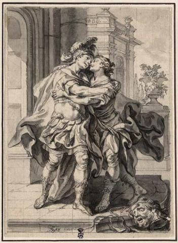Drawing of two men embracing; at the bottom edge is the decapitated head of Goliath, whom David has just defeated
