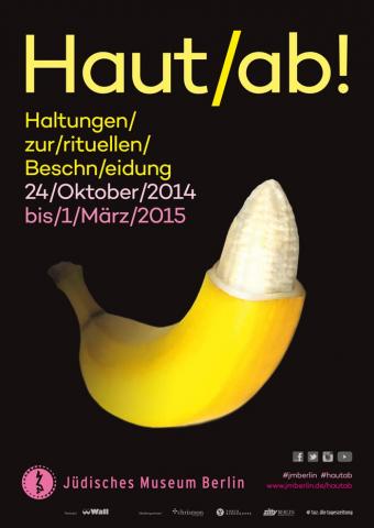 Poster for the Exhibit "Snip it!", a graphic of a banana with the peel of the tip cut off floats in front of a black background 