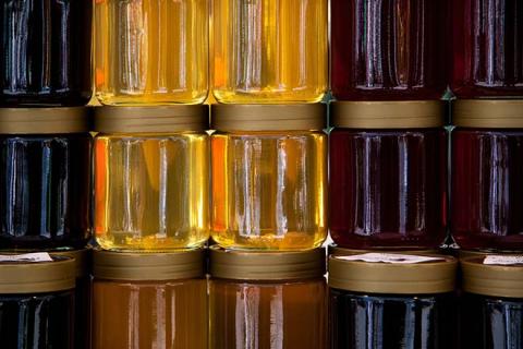 Piled jars with honey