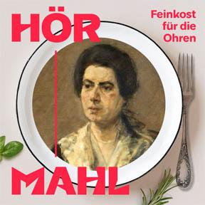 Graphic: The portrait of a woman can be seen on a plate, above the lettering: Hörmahl, delicatessen for the ears.