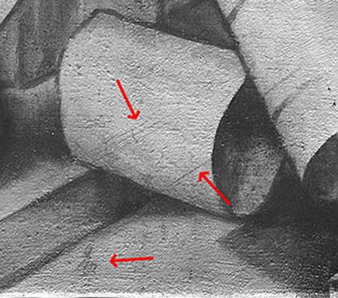 Close-up of the painting under infrared illumination, red arrows show the charcoal preliminary drawings