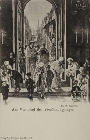 Lithography: Through the entrance door to the synagoge, we see Jews meeting for services.