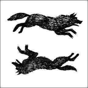 Zwei gezeichnete Wölfe: der obere rennt von links nach rechts, der untere von rechts nach links; der untere Wolf ist horizontal gespiegelt, so dass seine Bauchseite nach oben zeigt.