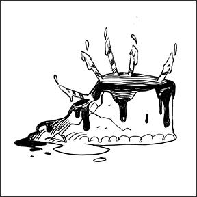 Drawing of a birthday cake with burning candles. The left side of the cake has collapsed. 