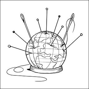 Drawing of a pincushion, which has the shape of a globe. It contains a few pins and two sewing needles. A thread is pulled through the eye of one of the two sewing needles.
