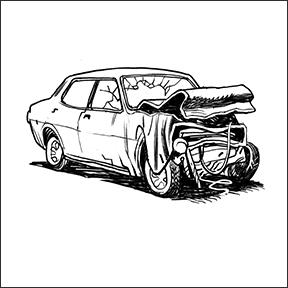 Zeichnung eines Autos, das nach einem Unfall stark beschädigt ist: Die Vorderseite ist eingedrückt, die Kühlhaube steht offen, die Frontscheibe ist gesplittert. 