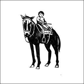 Drawing of a toddler. The child is sitting sideways on a saddled horse. The legs are far too short to reach the stirrups.