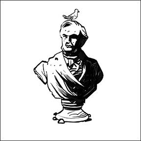 Gezeichnete Richard-Wagner-Büste; auf dem Kopf der Figur sitzt ein Vogel.