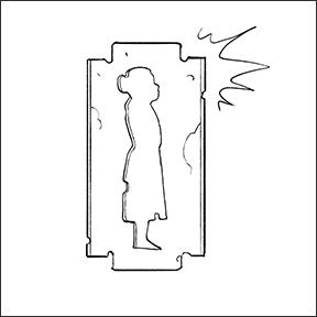 A drawn razor blade standing on edge. The recess in the center of the blade is designed as a silhouette of a woman in profile.