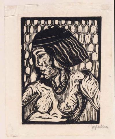 Woodcut on Japan paper: Chest-length portrait of a young, nude woman, her face shown in profile looking left