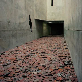 Sicht auf die Plastiken der Gesichter, die den Boden des Voids bedecken
