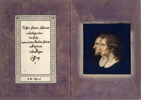 Watercolor of two men’s heads in profile alongside a handwritten German caption that translates as: Deep, fine, clever / and elegant / the Jew – / manly, sturdy, happy / and keen, / lively / Lessing