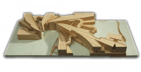 Entwurfsmodell aus Holz des im Fließtext beschriebenen Gebäudes