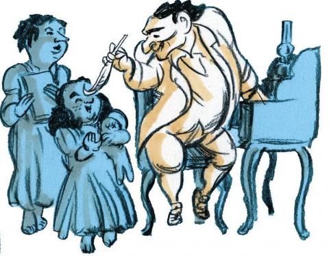 Comiczeichnung: Moses Mendelssohn kitzelt seine Tochter an der Nase