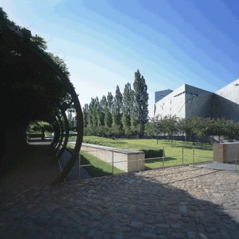 Ansicht in den Museumsgarten, Rasen, Bäume und dahinter ein Teil des Museumsgebäudes.