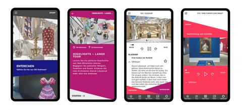 Das Bild zeigt Screenshots der neuen App mit Texten, Ausstellungsansichten und Objektfotografien.