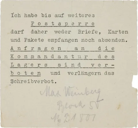 The text reads: “Until further notice, I am therefore not allowed to receive or send letters, cards or parcels. Requests to the camp commandant's office are forbidden and extend the writing ban. Max Weinberg, Block 50, No. 21807”