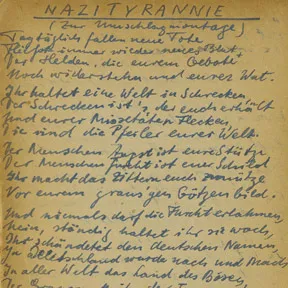 Handschriftlich verfasste Doppelseite mit Überschrift „Nazityrannie“.