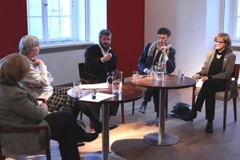 Panel discussion with Cilly Kugelmann, Hanne Seitz, Ronen Eidelman, Sami Khatib, and Liz Bachhuber (from left to right)