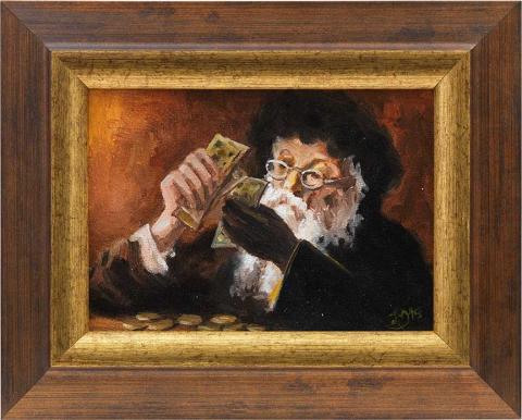 Painting of a bearded man with a black hat counting money