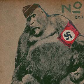 A gorilla with a beret and swastika armband.