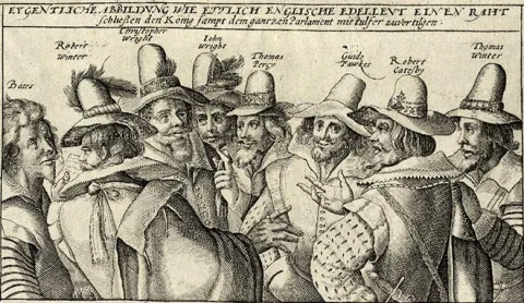 Copper engraving of eight English noblemen with hats discussing with each other with the title ""Actual illustration how several English noblemen decide to destroy the king together with the whole parliament with powder."