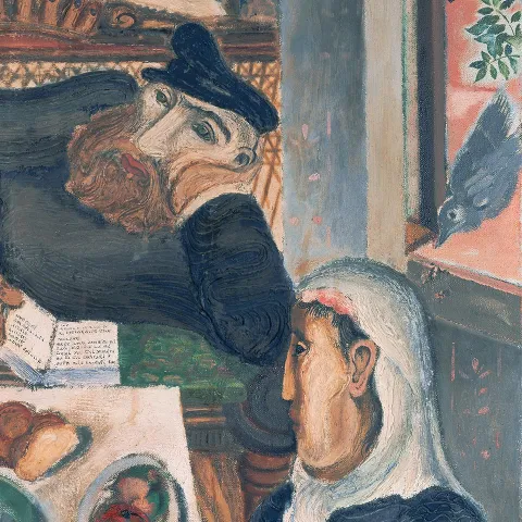 Ausschnitt aus einem &Ouml;lgem&auml;lde mit liegendem Mann mit Buch in der Hand und einer Frau mit Kopftuch am Tisch.