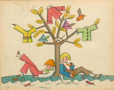 Zeichnung: Am Stamm eines mit Kleidern behängten Baums lehnen zwei Jungen mit Brötchen und Brezeln in der Hand oder neben sich, im Vordergrund ein Fluss mit Ente und Fischen