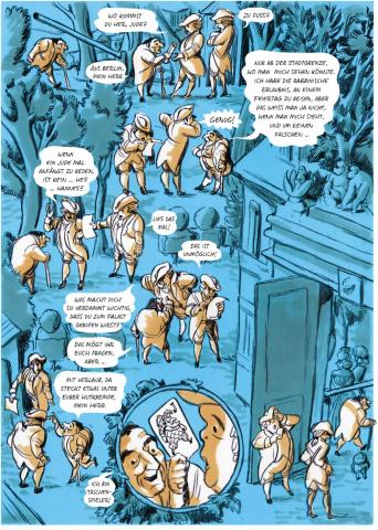 Seite 39 der Graphic Novel Moische, auf der ganzseitig in verschiedenen Episoden die Verwunderung der Figuren über Moisches Einladung in den Palast Friedrichs II ausgedrückt wird