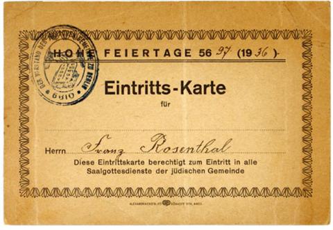 Synagogen-Eintrittkarte für die Hohen Feiertage 1936, ausgestellt für Franz Rosenthal