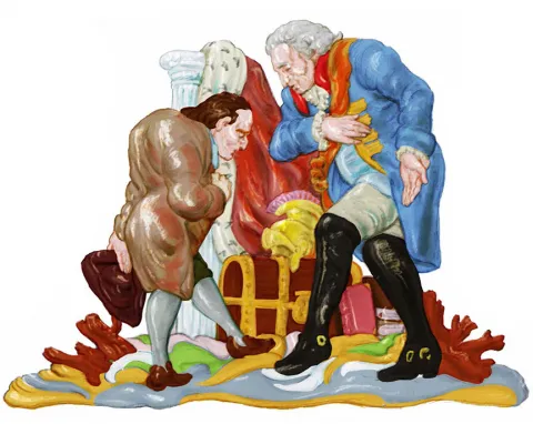Scene from the graphic novel in which Mendelssohn and Frederick the II each bow their heads in greeting
