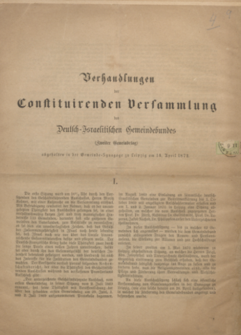 Title page of Verhandlungen der Constituirenden Versammlung des Deutsch-Israelitischen Gemeindebundes.
