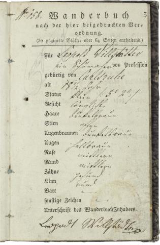 Personal description page from Leopold Willstätter's journeyman's book.