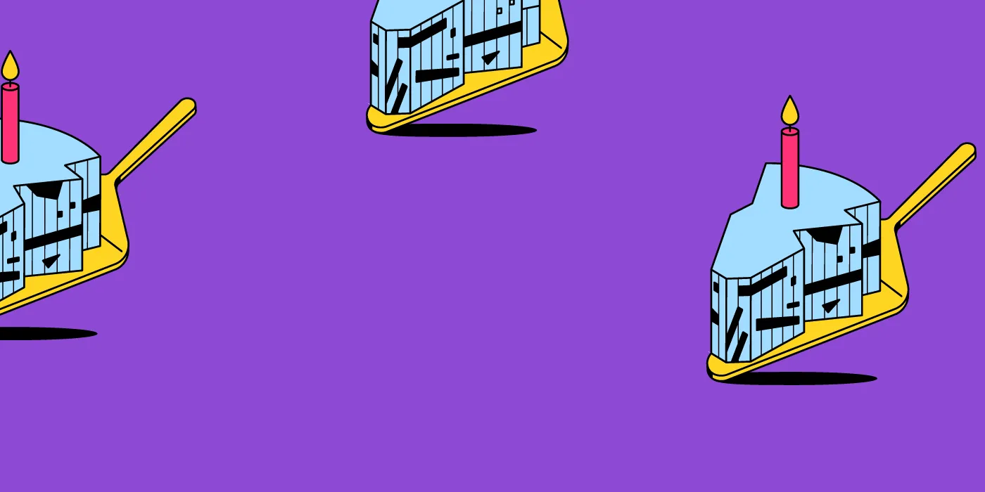 Slices of cake on violet background.