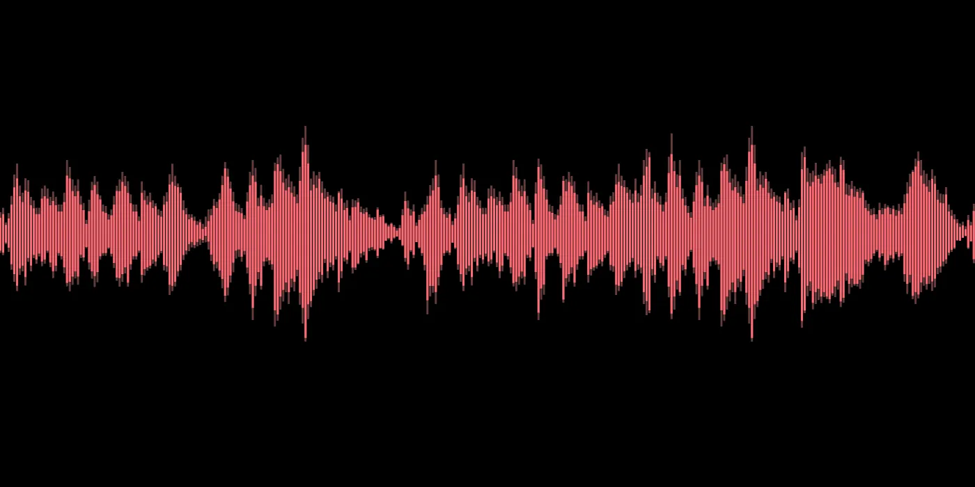 Visualisierung einer Tonspur als Waveform (blassrote Amplituden auf schwarzem Hintergrund).