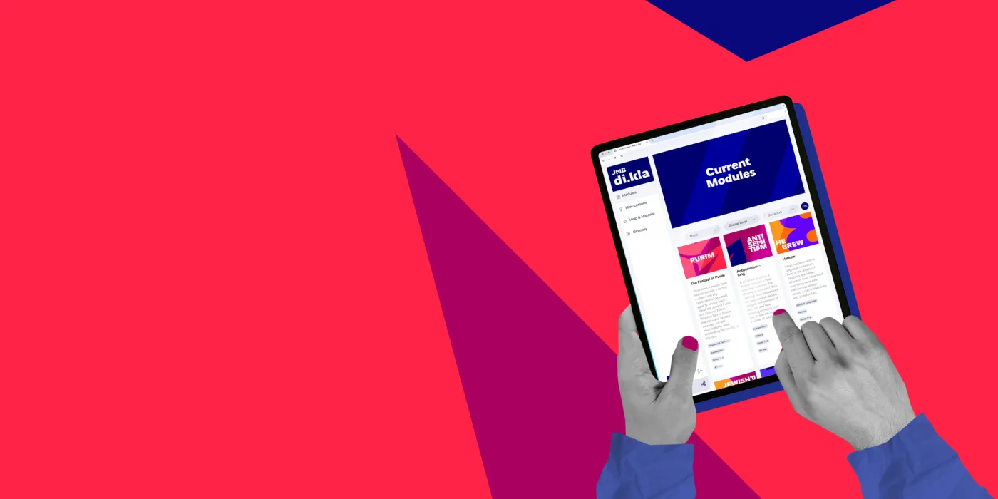 Red and blue graphic with an illustration of two hands operating a tablet.