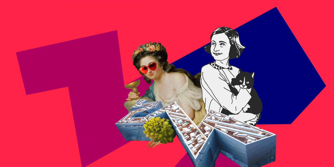 Das Bild hat einen roten Hintergrund. Darauf ist eine Collage zu sehen: Eckige Formen in Magenta und Blau, darüber eine Grafik des Libeskind-Baus und von zwei Frauen. 