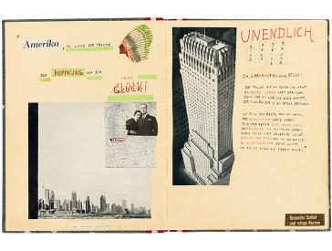 Aufgeschlagenes Album mit Bildern der Skyline von Chicago, eines Wolkenkratzers, Zeichnung und handgeschriebenem Text
