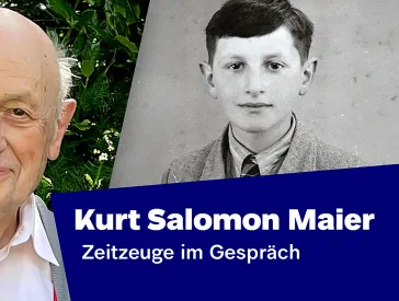 The image shows on its left side a photography of Kurt Maier in older age and on the right a photography of his teenage years.