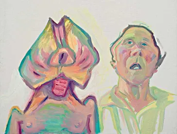Colorful painting with two portraits side by side: on the left with bare breasts and a head reminiscent of a flower/vulva, on the right with a shirt and human head.