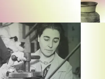 Collage aus einer historischen Fotografie einer Frau in einer Werkstatt und einem Objektbild.